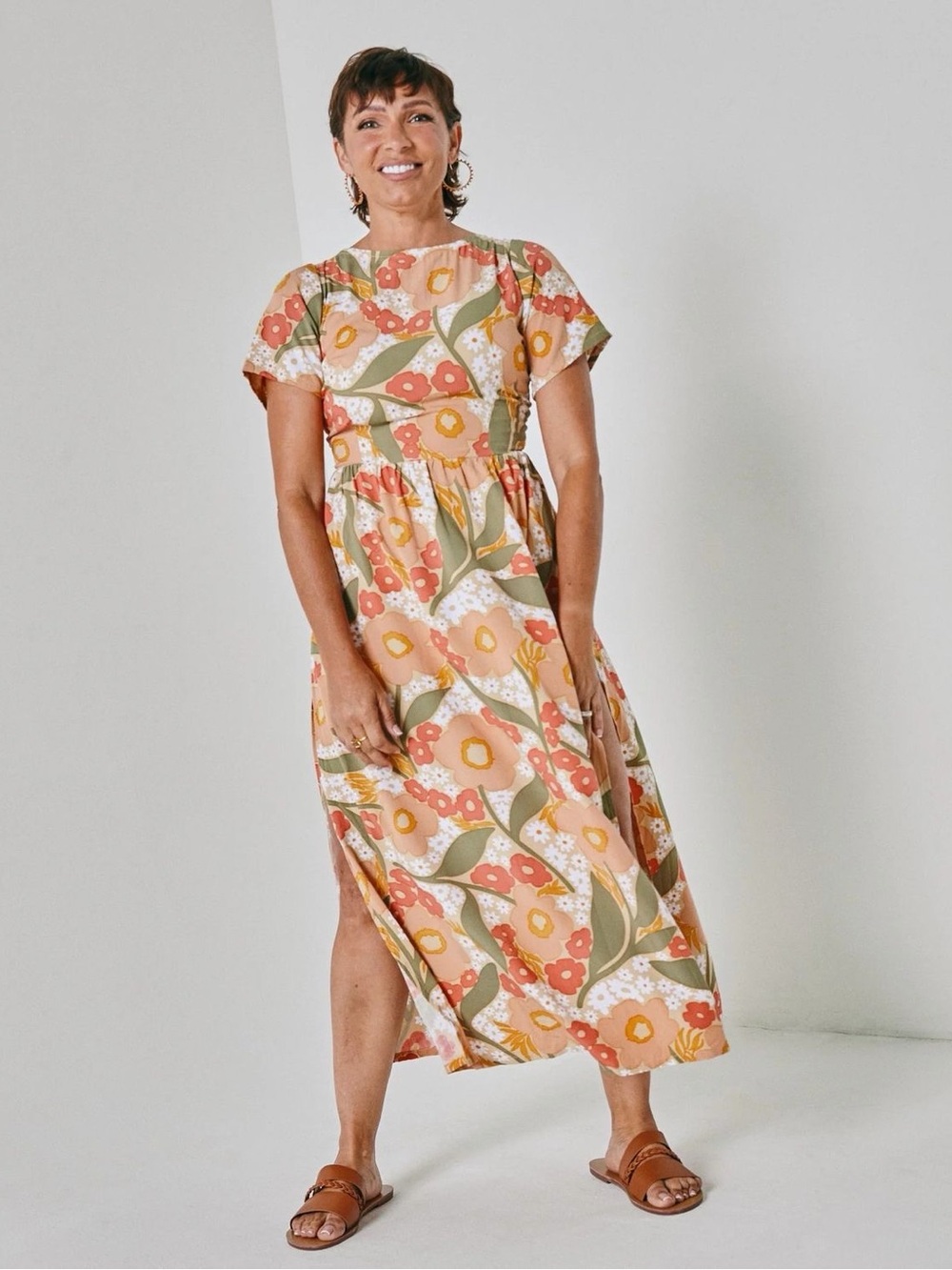 Floral Midi Dress in Peach and Green - Women's Casual Summer Dress